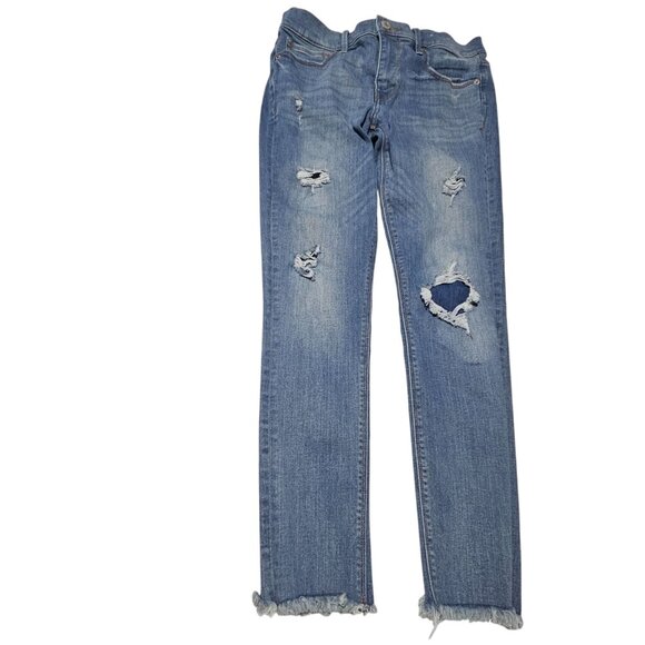 Express Ankle Legging Mid Rise Jeans Womens Size 6 Medium Wash Distressed Denim - Picture 2 of 8